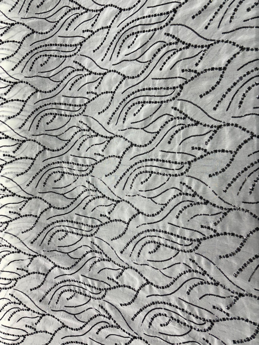 Black Wave Embroidered Artificial Silk Fabric