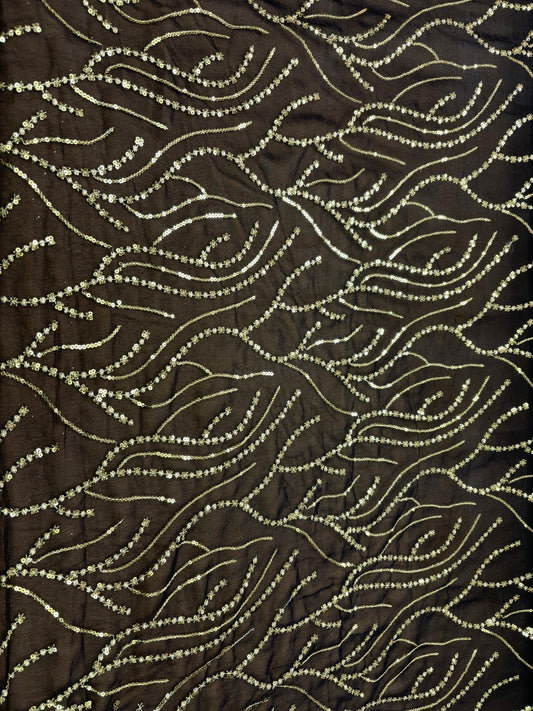Gold Wave Embroidered Artificial Silk Fabric